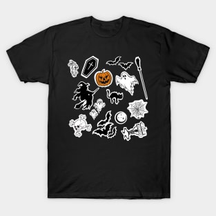 Halloween pattern, pumpkin, witch, skull, ghost, coffin, bats, moon, skeleton, horror stickers T-Shirt